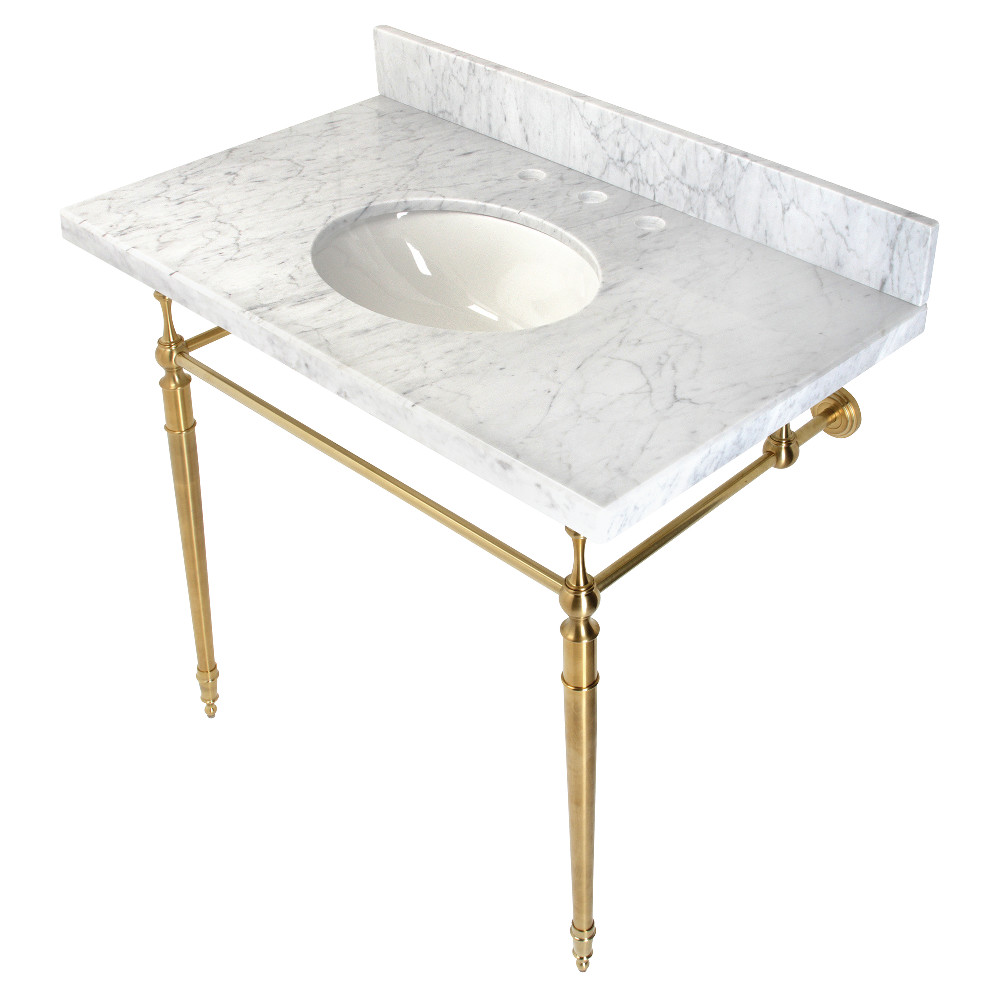 Picture of Kingston Brass KVPB3622M87 36 in. Edwardian Console Sink with Brass Legs - 8 in. 3 Hole, Marble White & Brushed Brass