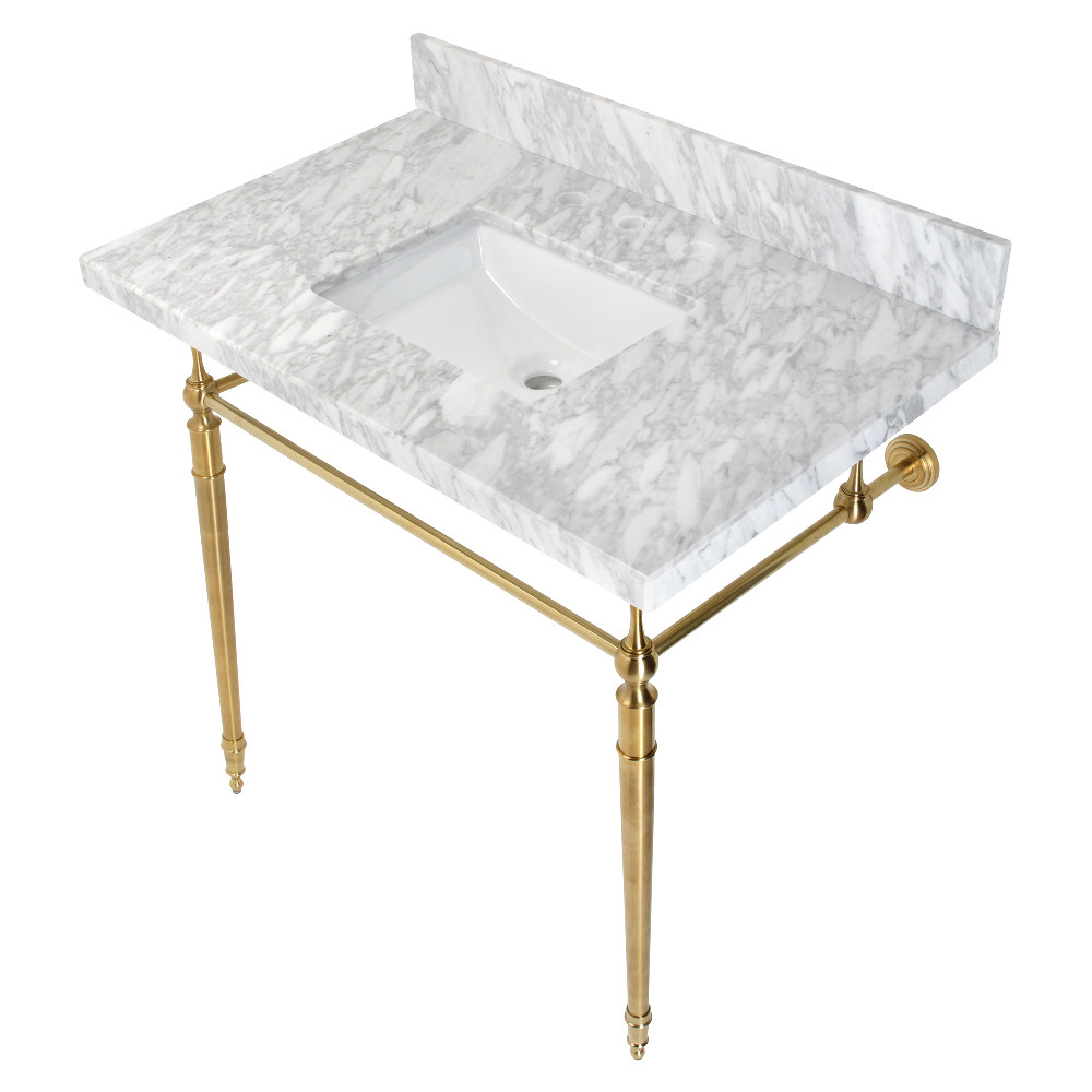 Picture of Kingston Brass KVPB3622M8SQ7 36 in. Edwardian Console Sink with Brass Legs - 8 in. 3 Hole, Marble White & Brushed Brass