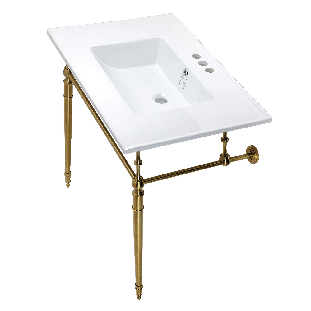 Picture of Kingston Brass KVPB31227W4BB 31 in. Edwardian Console Sink with Brass Legs - 4 in. 3 Hole, White & Brushed Brass