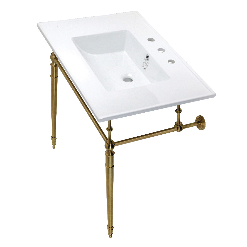 Picture of Kingston Brass KVPB31227W8BB 31 in. Edwardian Console Sink with Brass Legs - 8 in. 3 Hole, White & Brushed Brass