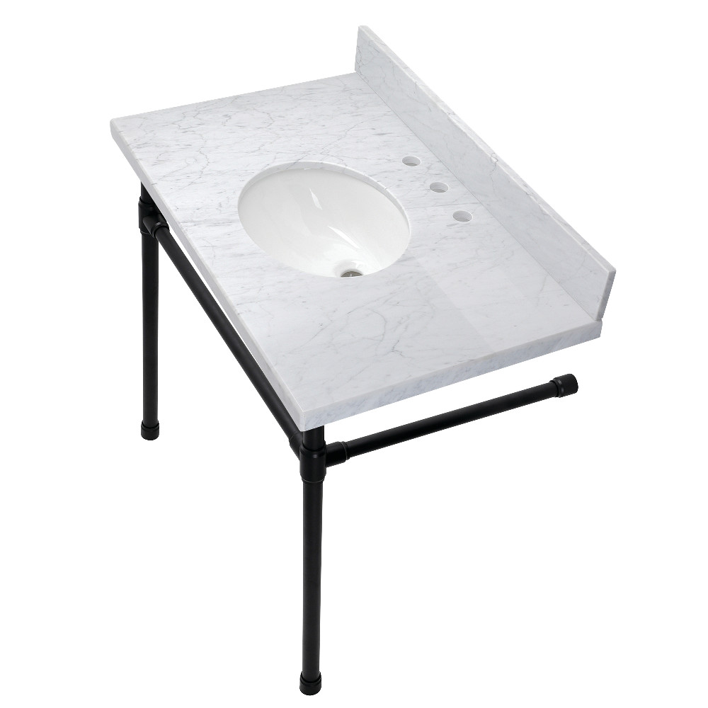 36 in. Dreyfuss Carrara Marble Vanity Top with Stainless Steel Legs, Marble White & Matte Black