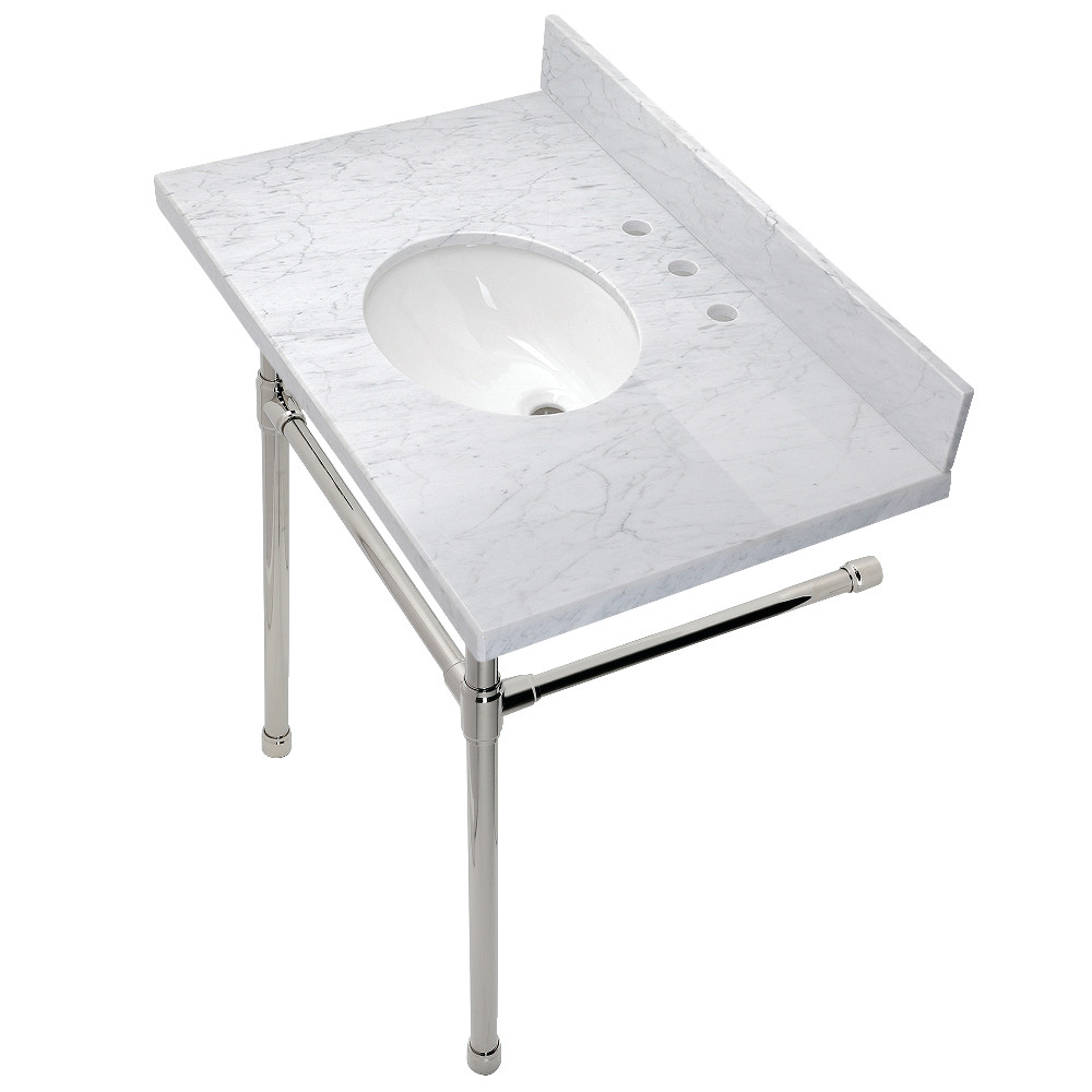 36 in. Dreyfuss Carrara Marble Vanity Top with Stainless Steel Legs, Marble White & Polished Nickel