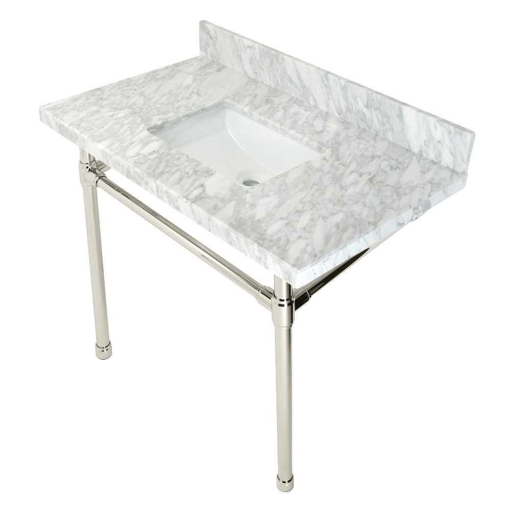 36 in. Dreyfuss Carrara Marble Vanity Top with Stainless Steel Legs, Marble White & Polished Nickel