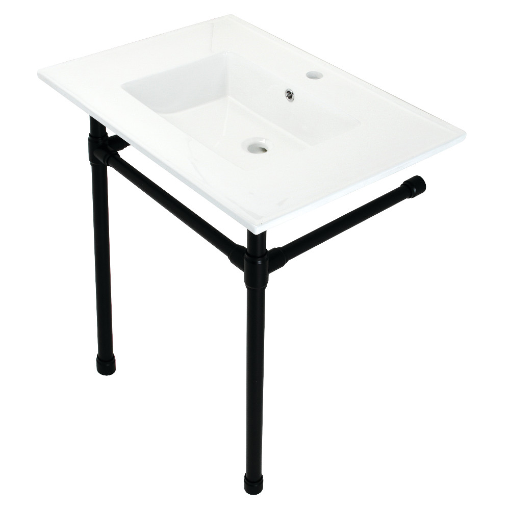 Picture of Kingston Brass KVPB3122710 31 in. Dreyfuss Console Sink with Stainless Steel Legs - Single Faucet Hole, White & Matte Black