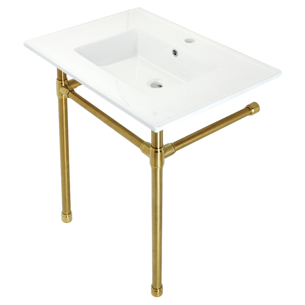 Picture of Kingston Brass KVPB3122717 31 in. Dreyfuss Console Sink with Stainless Steel Legs - Single Faucet Hole, White & Brushed Brass