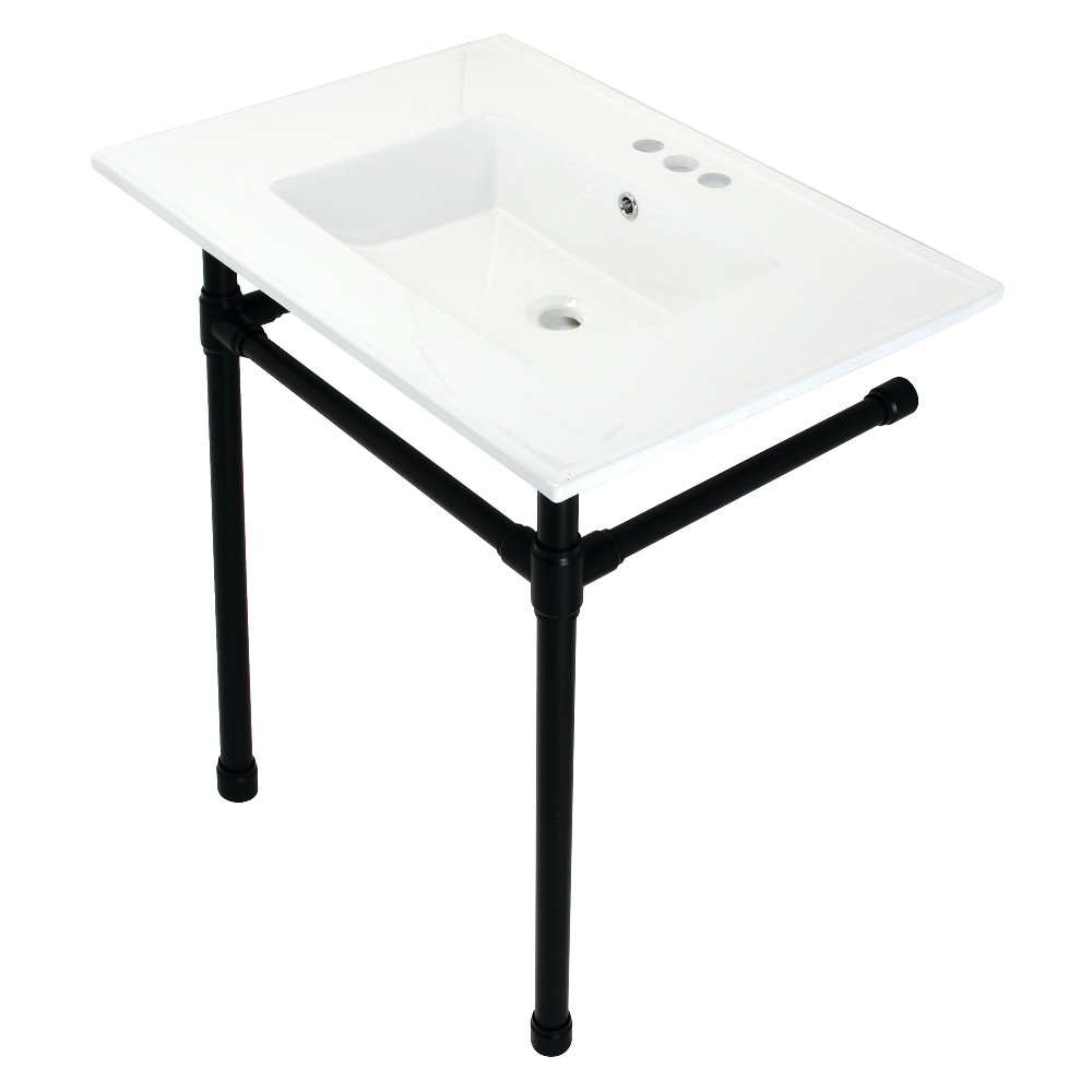 Picture of Kingston Brass KVPB31227W40 31 in. Dreyfuss Console Sink with Stainless Steel Legs - 4 in. 3 Hole, White & Matte Black