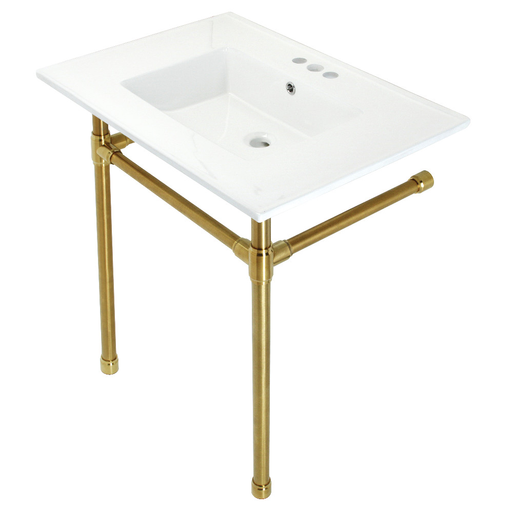 Picture of Kingston Brass KVPB31227W47 31 in. Dreyfuss Console Sink with Stainless Steel Legs - 4 in. 3 Hole, White & Brushed Brass