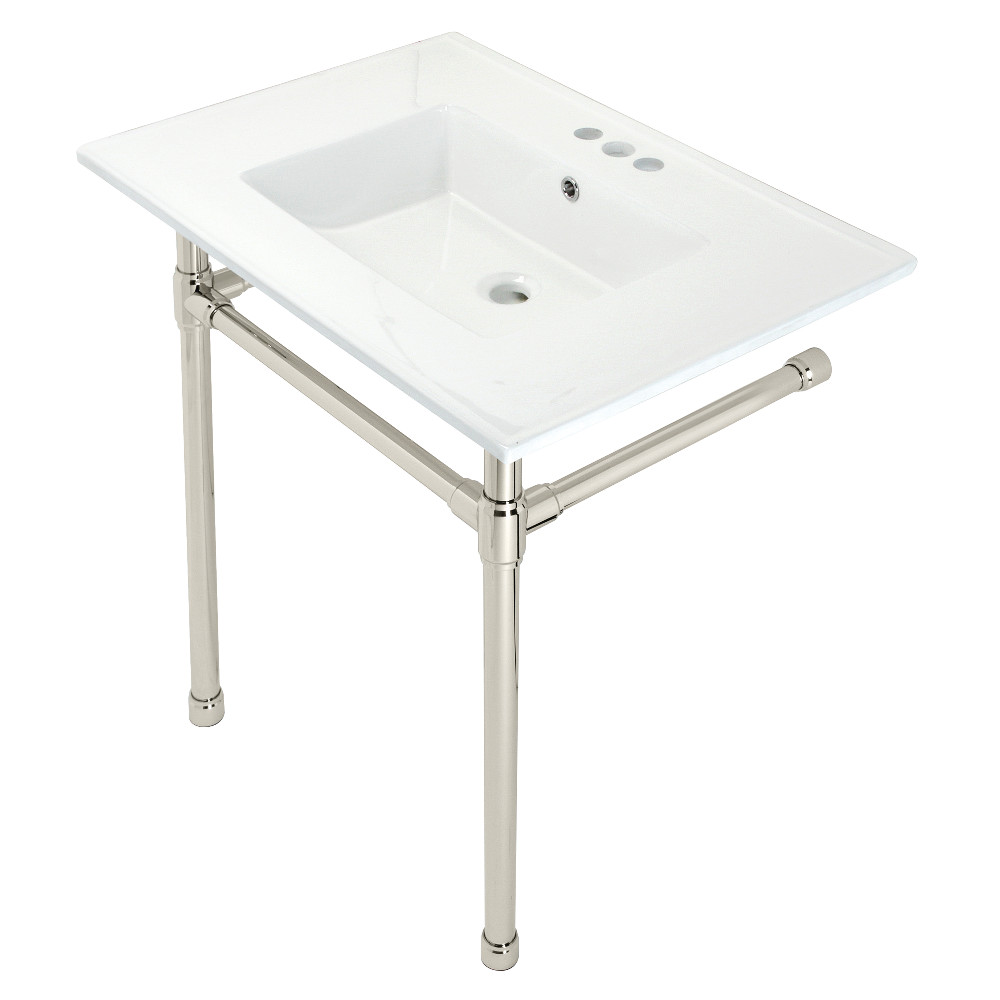 KVPB31227W46 31 in. Dreyfuss Console Sink with Stainless Steel Legs - 4 in. 3 Hole, White & Polished Nickel