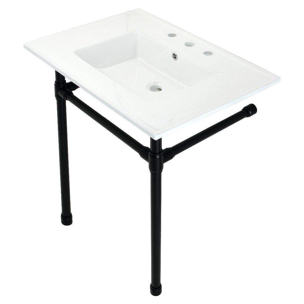 Picture of Kingston Brass KVPB31227W80 31 in. Dreyfuss Console Sink with Stainless Steel Legs - 8 in. 3 Hole, White & Matte Black