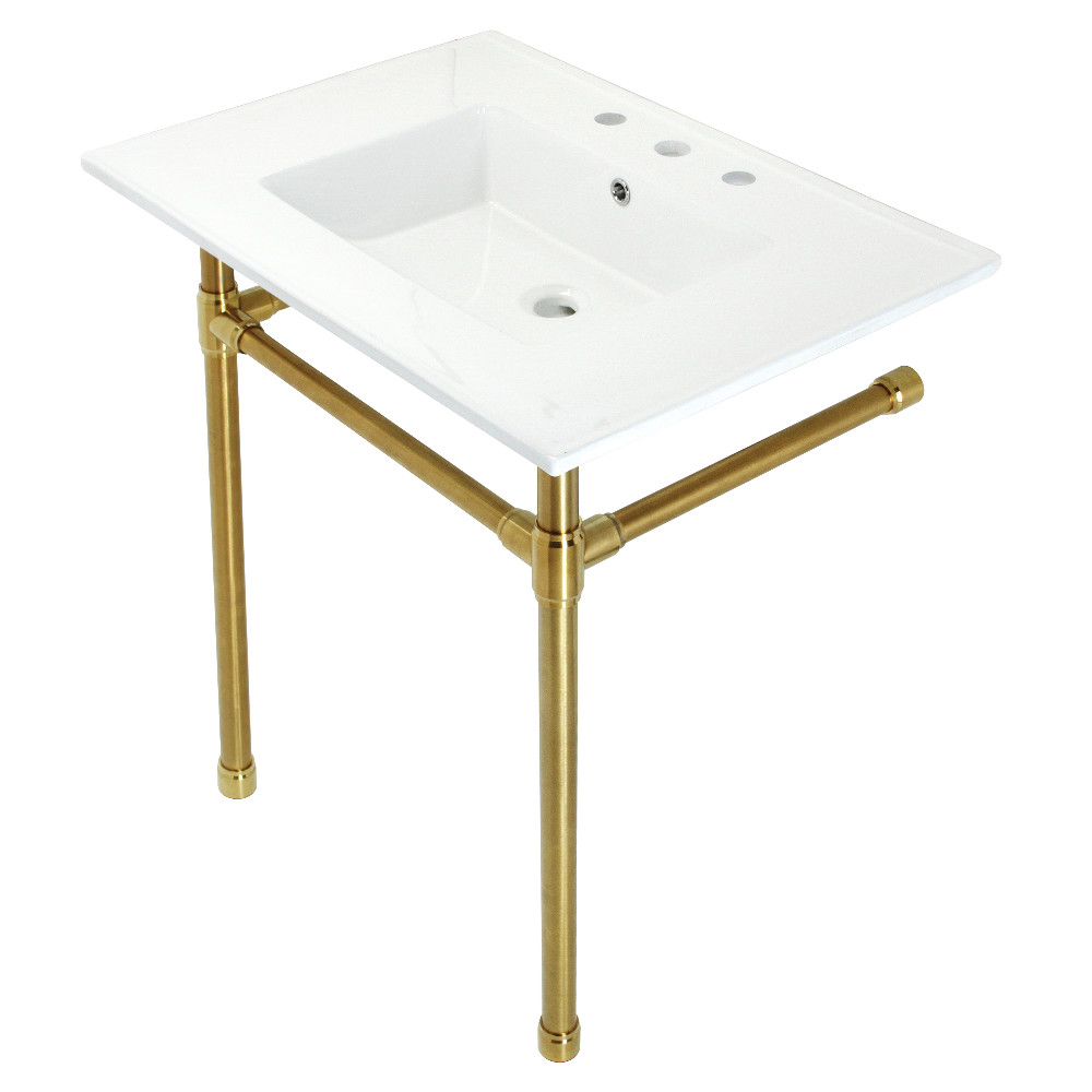 Picture of Kingston Brass KVPB31227W87 31 in. Dreyfuss Console Sink with Stainless Steel Legs - 8 in. 3 Hole, White & Brushed Brass