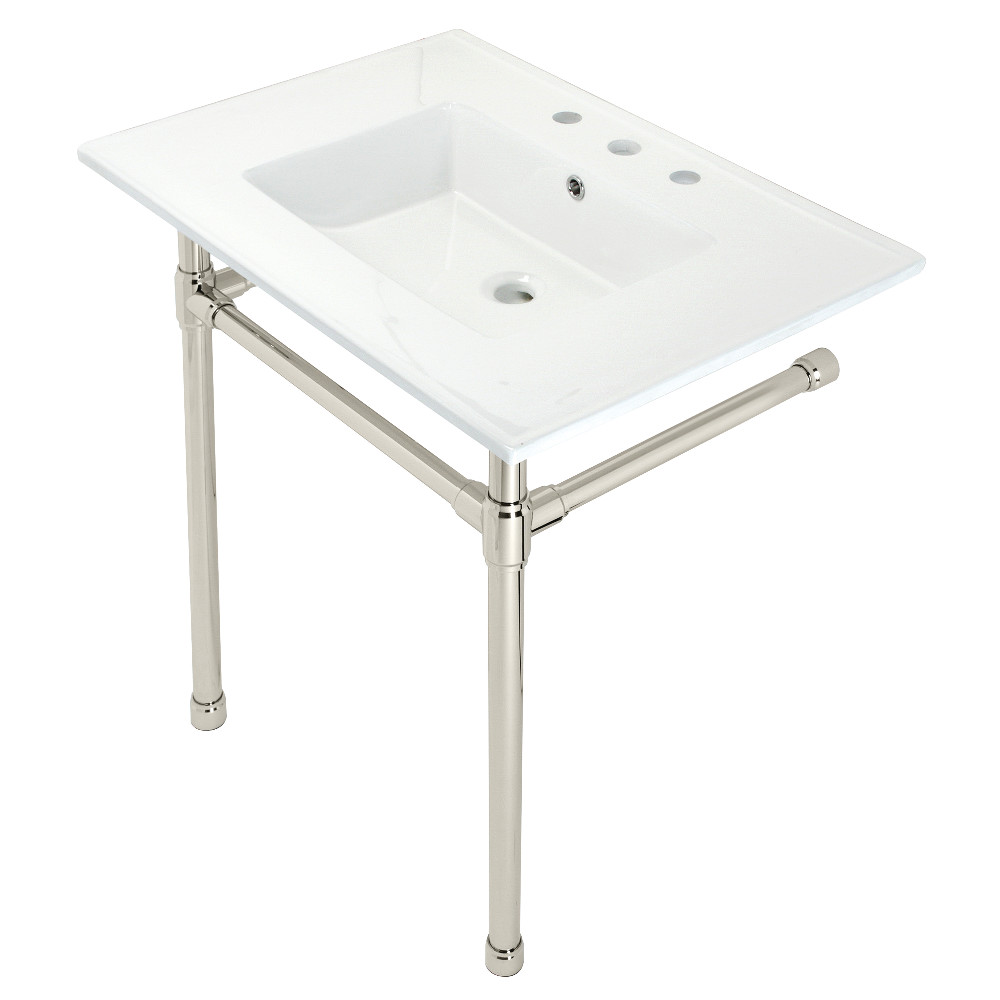KVPB31227W86 31 in. Dreyfuss Console Sink with Stainless Steel Legs - 8 in. 3 Hole, White & Polished Nickel