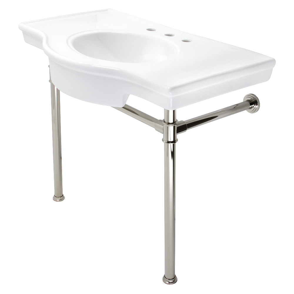 Picture of Kingston Brass VPB1376ST 37 in. Templeton Ceramic Console Sink with Stainless Steel Legs, White & Polished Nickel