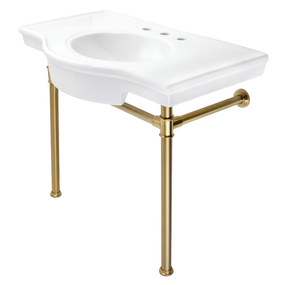 Picture of Kingston Brass VPB1377ST 37 in. Templeton Ceramic Console Sink with Stainless Steel Legs, White & Brushed Brass