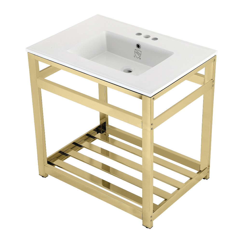 Picture of Kingston Brass VWP3122W4A2 31 in. Quadras Ceramic Console Sink - 4 in. 3-Hole, White & Polished Brass