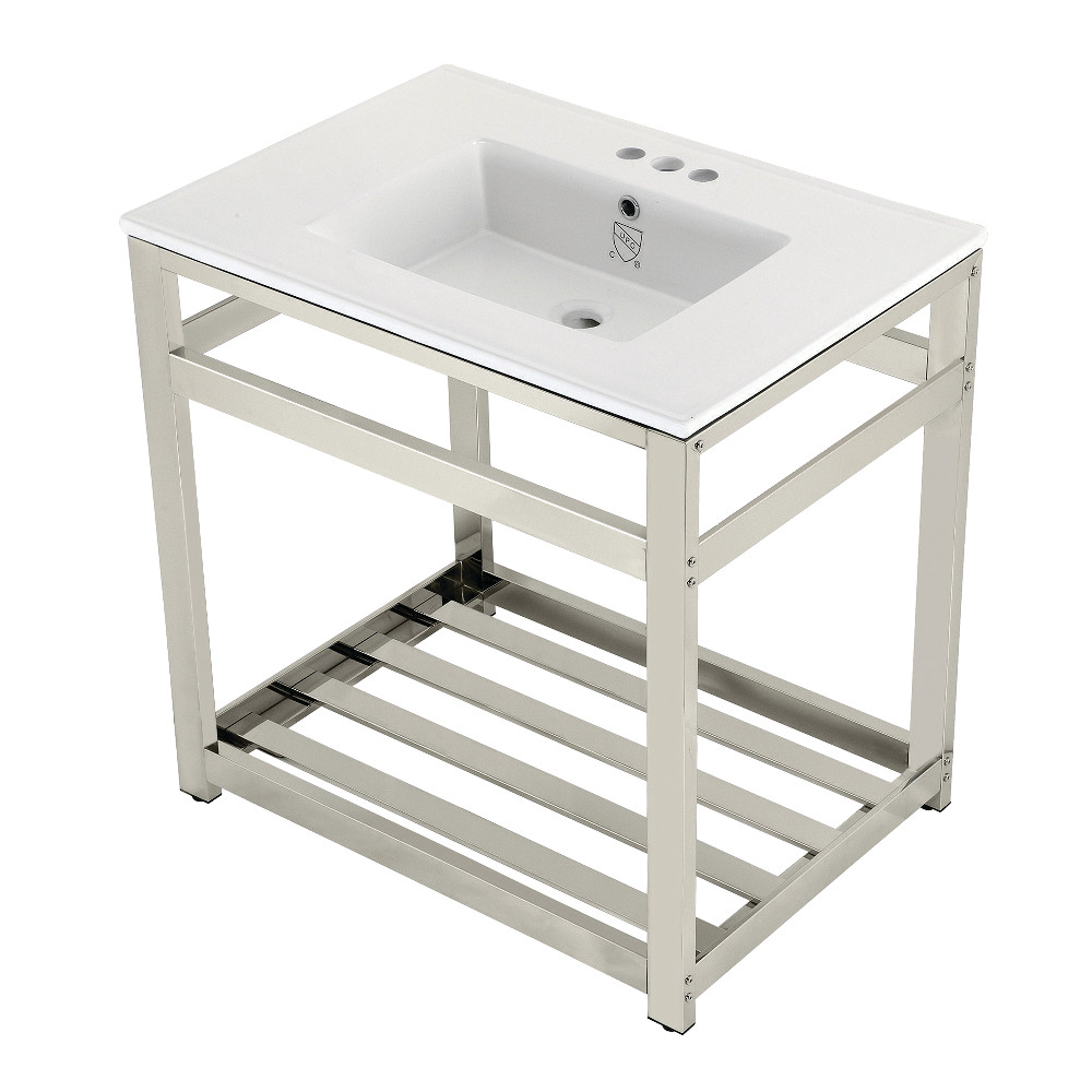 Picture of Kingston Brass VWP3122W4A6 31 in. Quadras Ceramic Console Sink - 4 in. 3-Hole, White & Polished Nickel