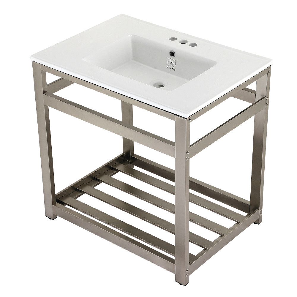 Picture of Kingston Brass VWP3122W4A8 31 in. Quadras Ceramic Console Sink - 4 in. 3-Hole, White & Brushed Nickel