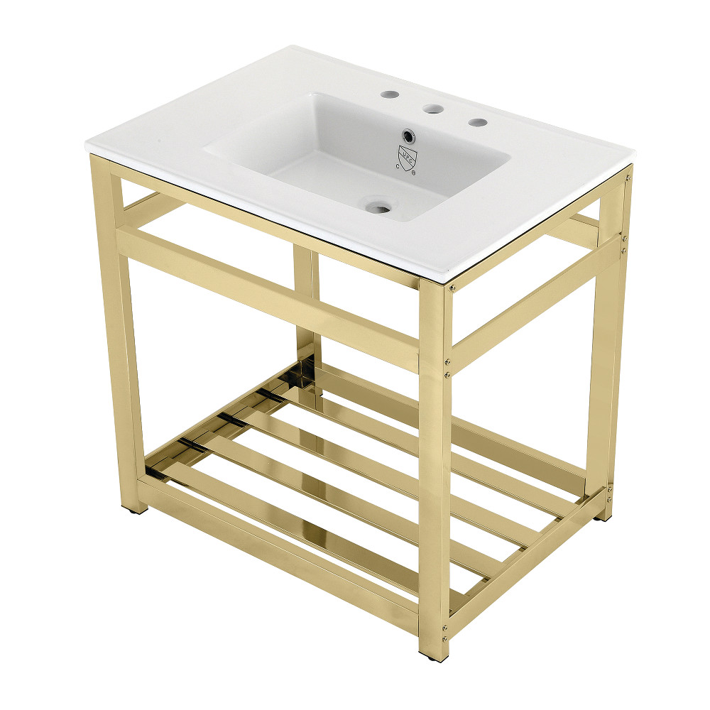 Picture of Kingston Brass VWP3122W8A2 31 in. Quadras Ceramic Console Sink - 8 in. 3-Hole, White & Polished Brass
