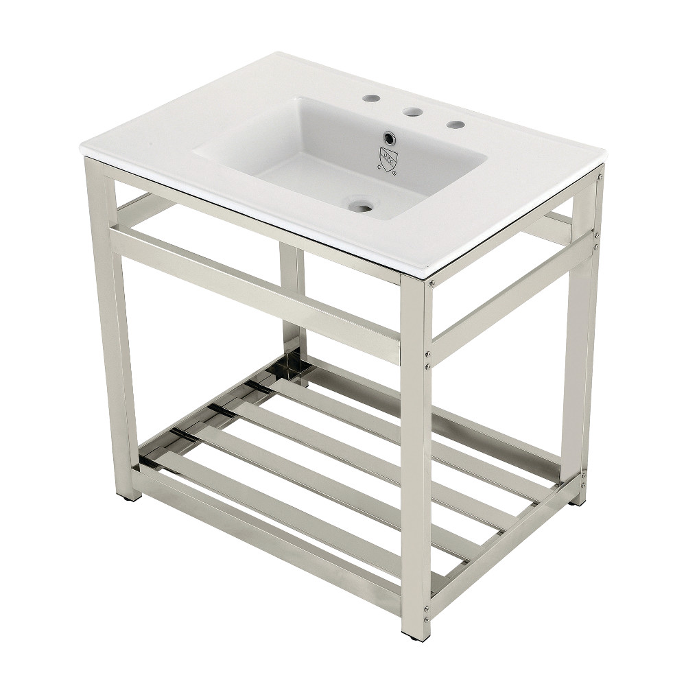 Picture of Kingston Brass VWP3122W8A6 31 in. Quadras Ceramic Console Sink - 8 in. 3-Hole, White & Polished Nickel