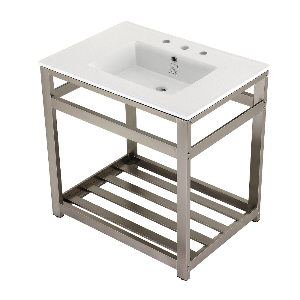 Picture of Kingston Brass VWP3122W8A8 31 in. Quadras Ceramic Console Sink - 8 in. 3-Hole, White & Brushed Nickel