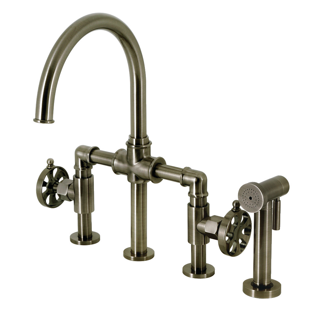 Picture of Kingston Brass KS2334RX Belknap Industrial Style Bridge Kitchen Faucet with Brass Sprayer, Black Stainless