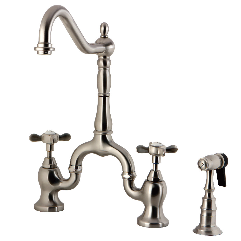 Picture of Kingston Brass KS7758BEXBS Essex Bridge Kitchen Faucet with Brass Sprayer, Brushed Nickel