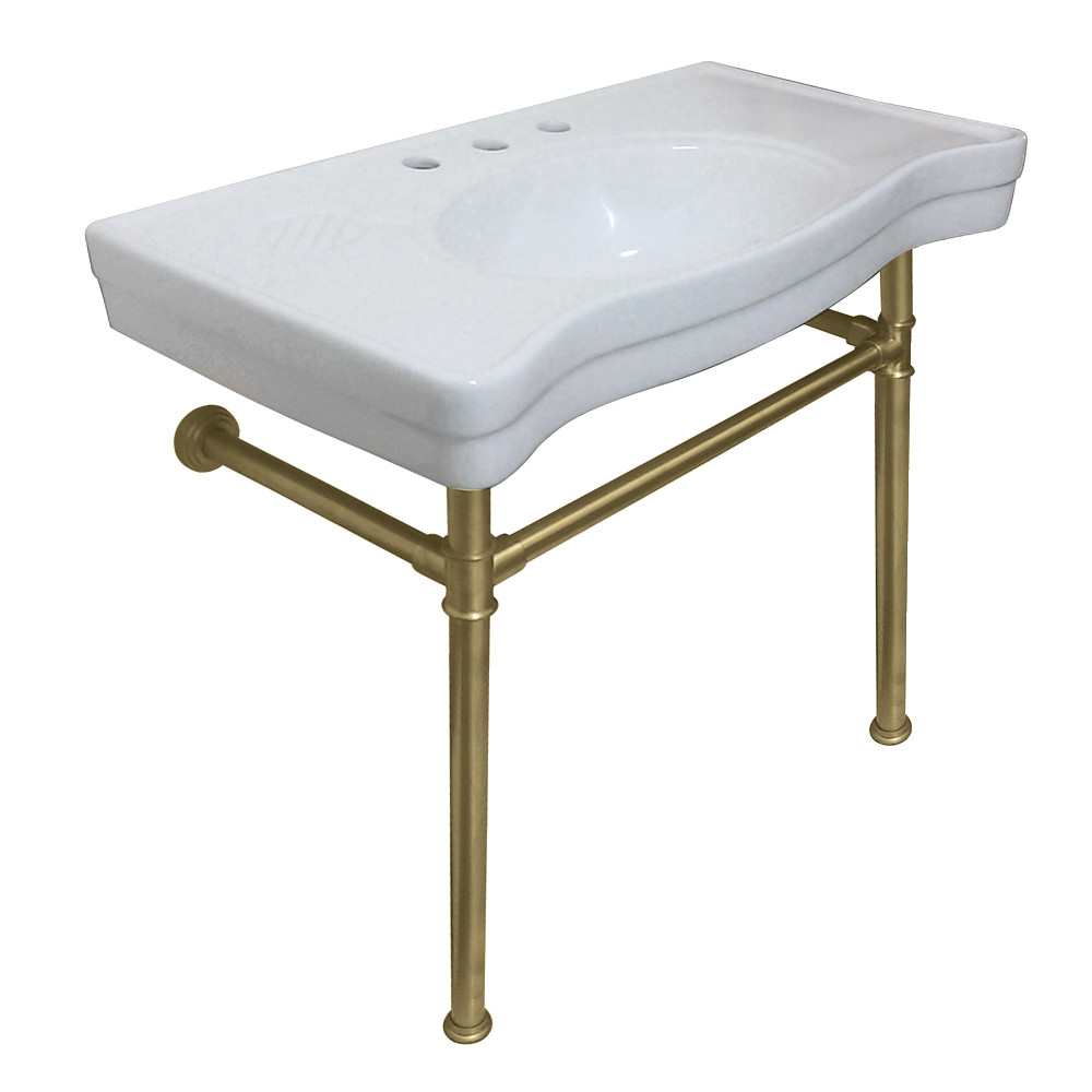 Picture of Kingston Brass VPB1367ST Imperial Ceramic Console Sink with Stainless Steel Legs, White & Brushed Brass