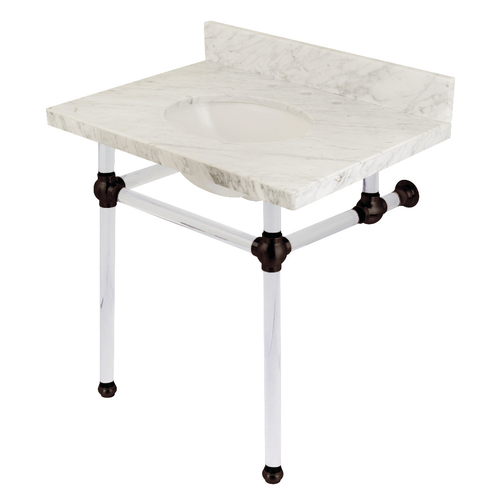 30 x 22 in. Templeton Carrara Marble Vanity Top with Clear Acrylic Console Legs, Carrara Marble & Oil Rubbed Bronze