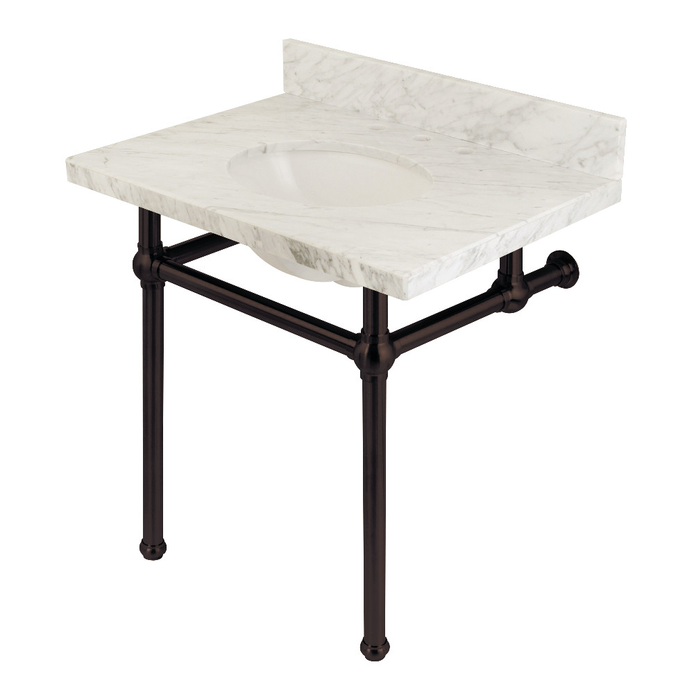 30 x 22 in. Templeton Carrara Marble Vanity Top with Brass Console Legs, Carrara Marble & Oil Rubbed Bronze