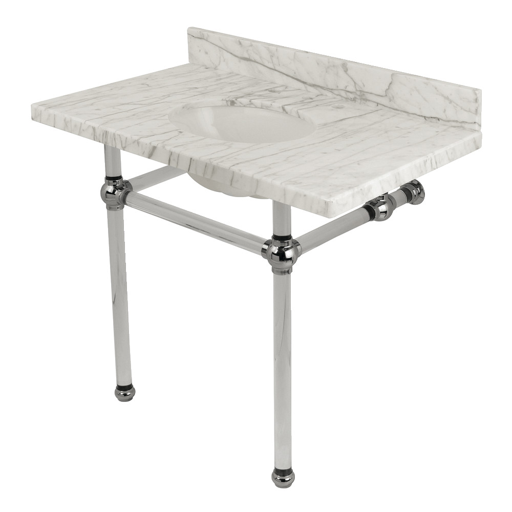 36 x 22 in. Templeton Carrara Marble Vanity Top with Clear Acrylic Console Legs, Carrara Marble & Polished Chrome