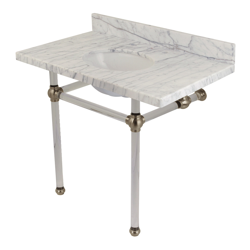 36 x 22 in. Templeton Carrara Marble Vanity Top with Clear Acrylic Console Legs, Carrara Marble & Brushed Nickel