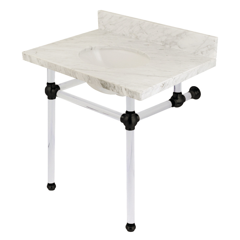 30 x 22 in. Templeton Carrara Marble Vanity Top with Clear Acrylic Console Legs, Carrara Marble & Matte Black