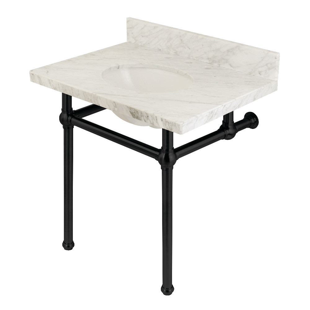 30 x 22 in. Templeton Carrara Marble Vanity Top with Brass Console Legs, Carrara Marble & Matte Black