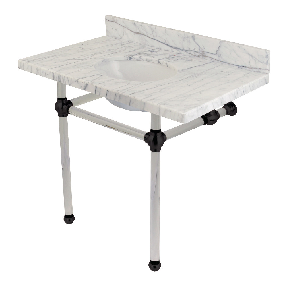 36 x 22 in. Templeton Carrara Marble Vanity Top with Clear Acrylic Console Legs, Carrara Marble & Matte Black