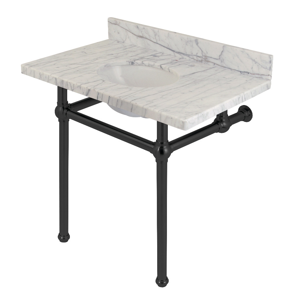 36 x 22 in. Templeton Carrara Marble Vanity Top with Brass Console Legs, Carrara Marble & Matte Black