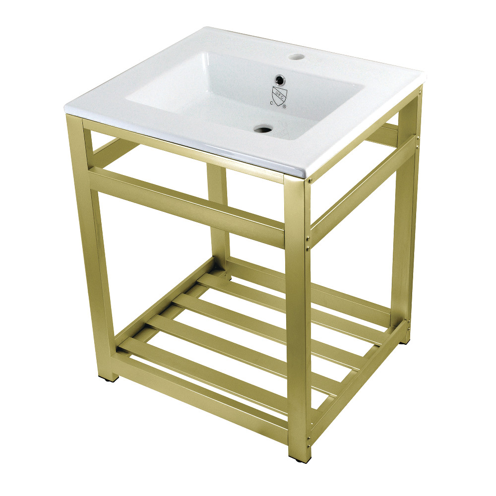 Picture of Kingston Brass VWP2522A7 25 in. Quadras Ceramic Console Sink - 1-Hole, White & Brushed Brass