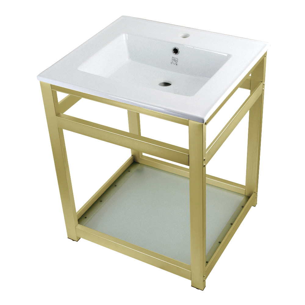Picture of Kingston Brass VWP2522B7 25 in. Quadras Ceramic Console Sink - 1-Hole, White & Brushed Brass