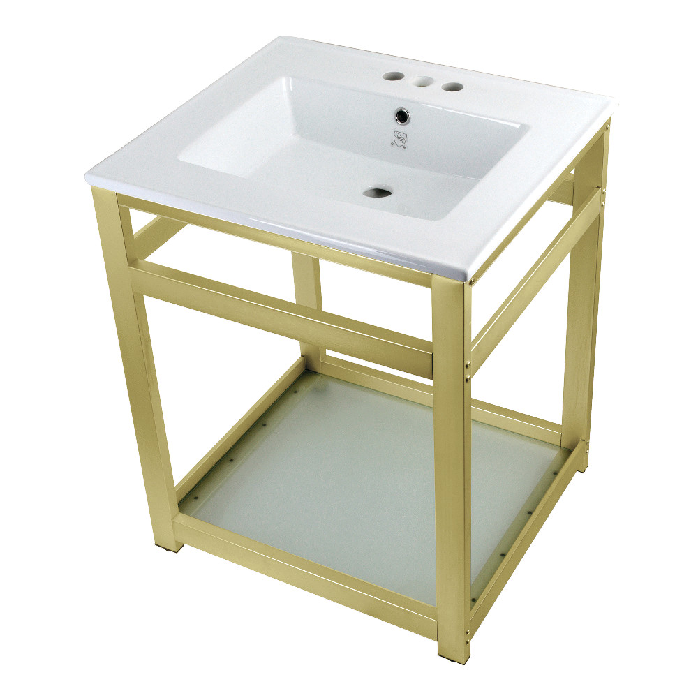 Picture of Kingston Brass VWP2522W4B7 25 in. Quadras Ceramic Console Sink - 4 in. 3-Hole, White & Brushed Brass