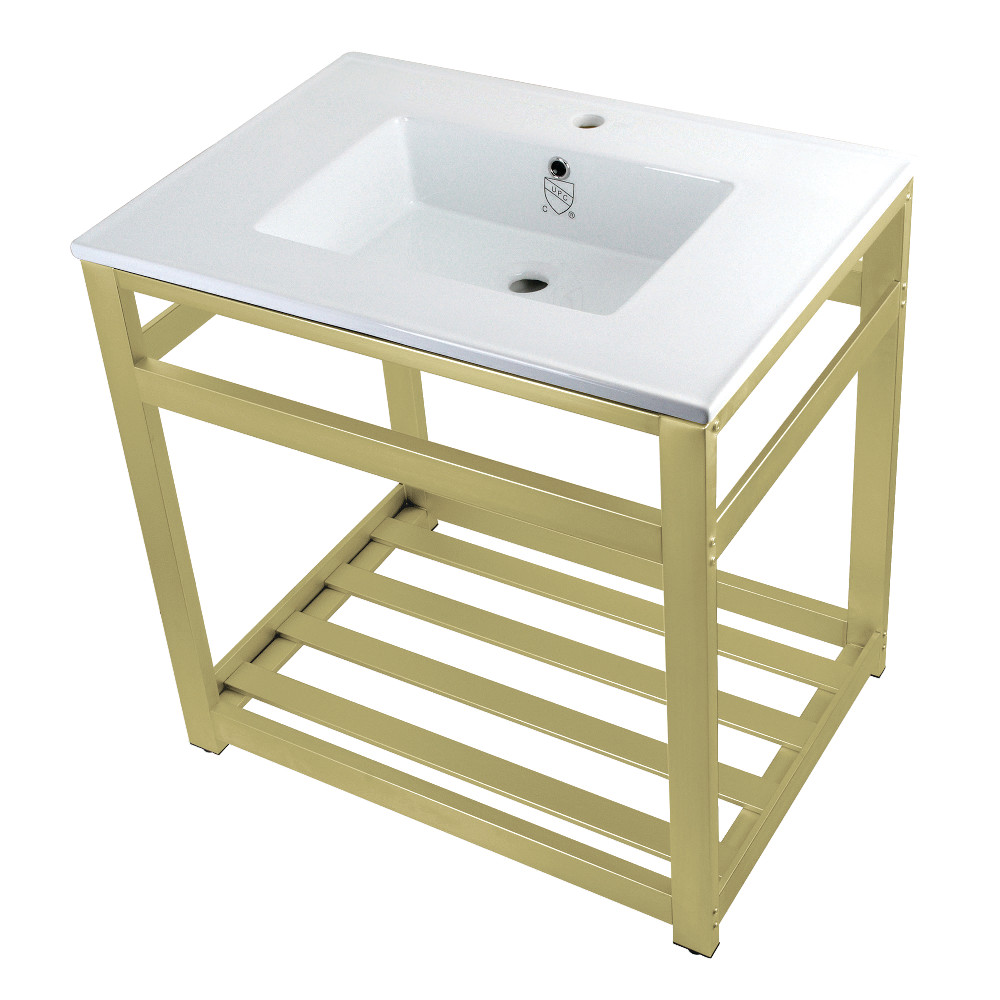 Picture of Kingston Brass VWP3122A7 31 in. Quadras Ceramic Console Sink - 1-Hole, White & Brushed Brass