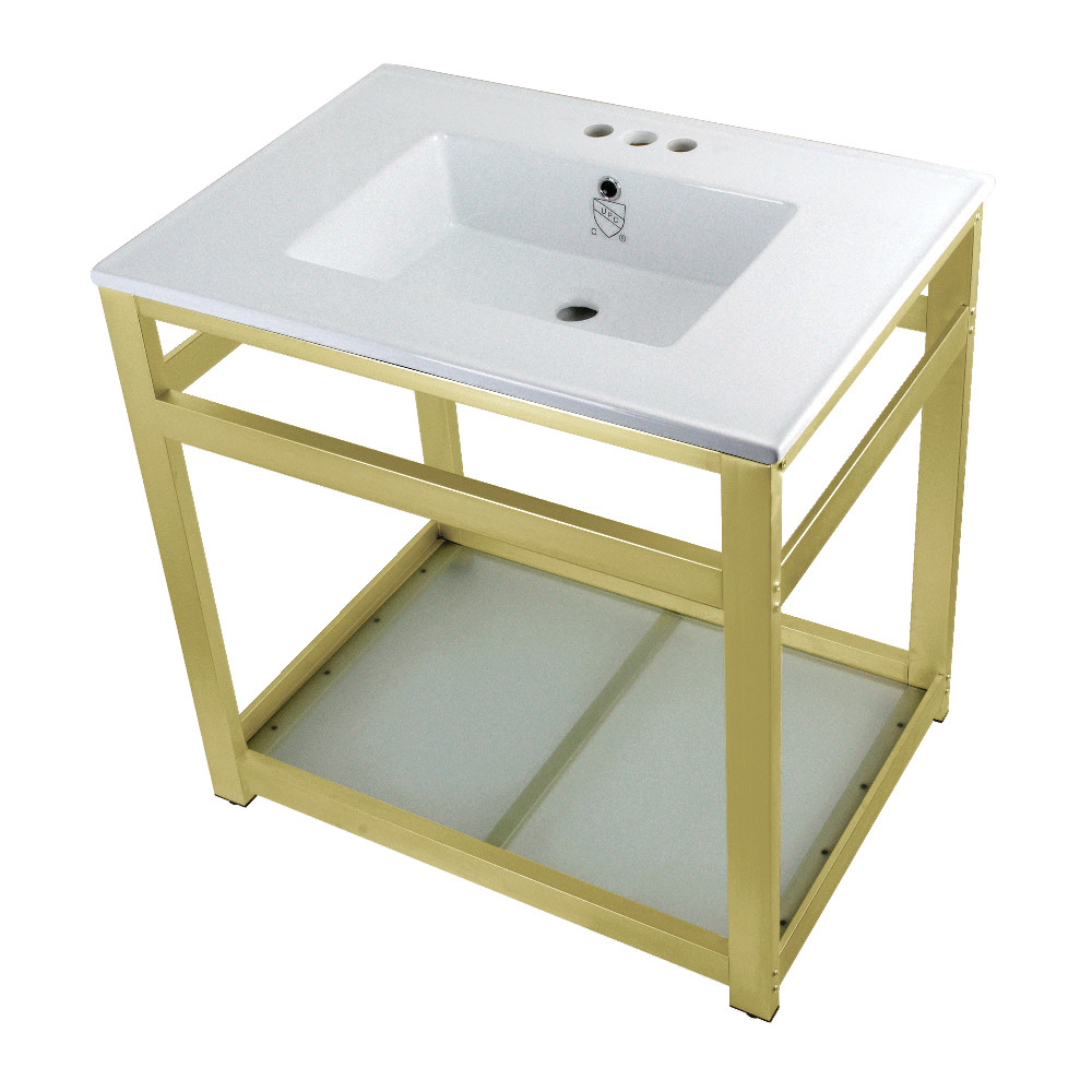Picture of Kingston Brass VWP3122W4B7 31 in. Quadras Ceramic Console Sink - 4 in. 3-Hole, White & Brushed Brass