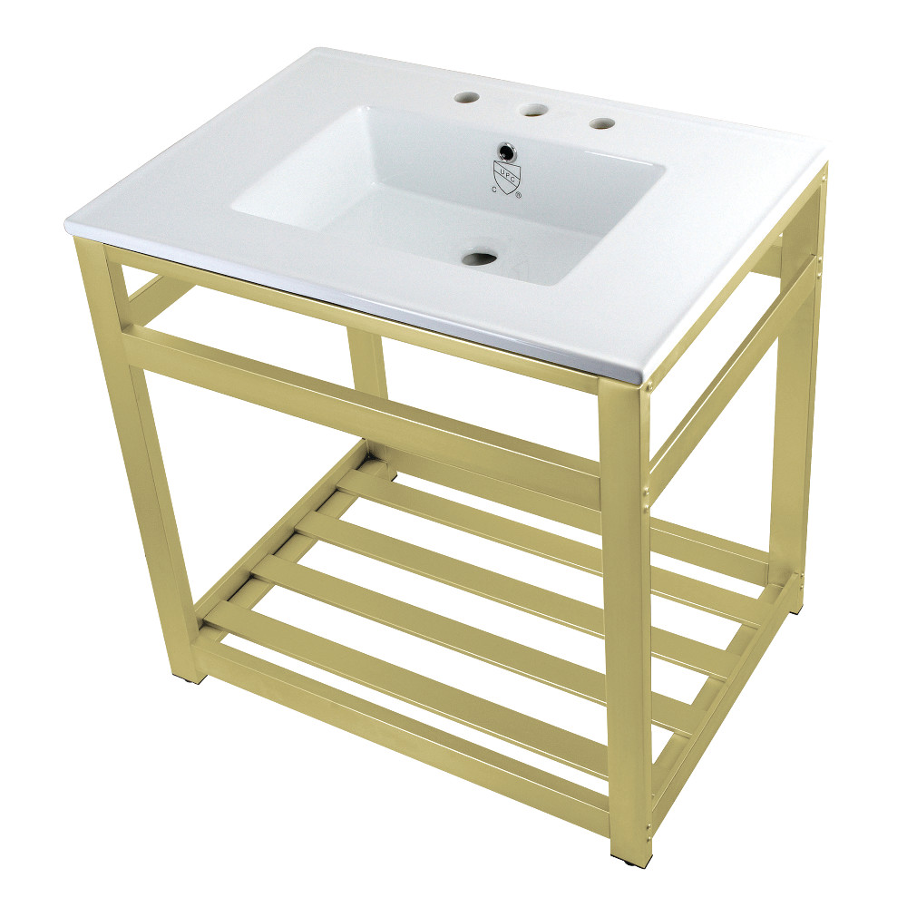 Picture of Kingston Brass VWP3122W8A7 31 in. Quadras Ceramic Console Sink - 8 in. 3-Hole, White & Brushed Brass