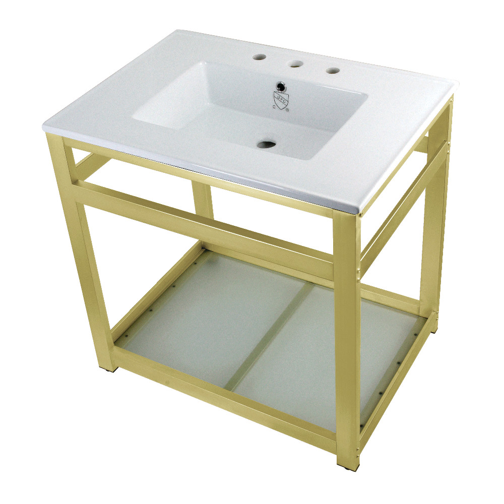Picture of Kingston Brass VWP3122W8B7 31 in. Quadras Ceramic Console Sink - 8 in. 3-Hole, White & Brushed Brass