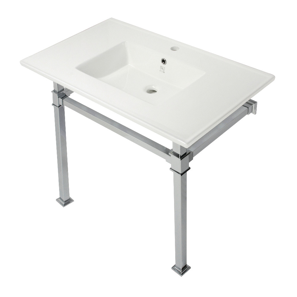 Picture of Kingston Brass KVPB37221Q1 37 in. Monarch Console Sink with Stainless Steel Legs - Single Faucet Hole, White & Polished Chrome