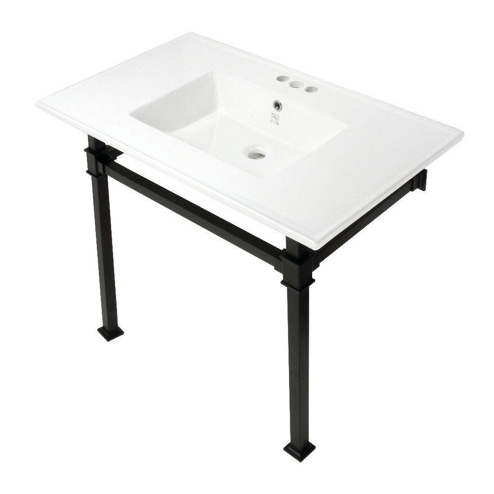 Picture of Kingston Brass KVPB37224Q0 37 in. Monarch Console Sink with Stainless Steel Legs - 4 in. 3 Hole, White & Matte Black