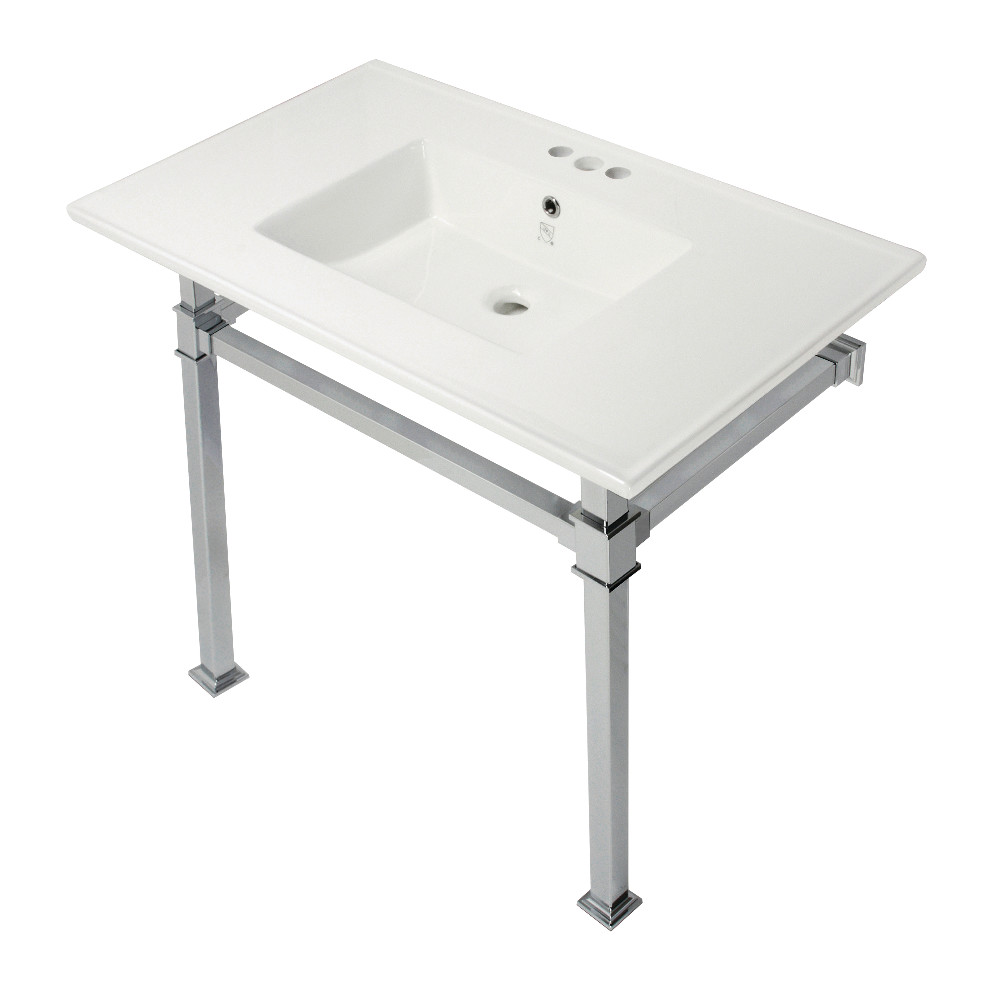 Picture of Kingston Brass KVPB37224Q1 37 in. Monarch Console Sink with Stainless Steel Legs - 4 in. 3 Hole, White & Polished Chrome