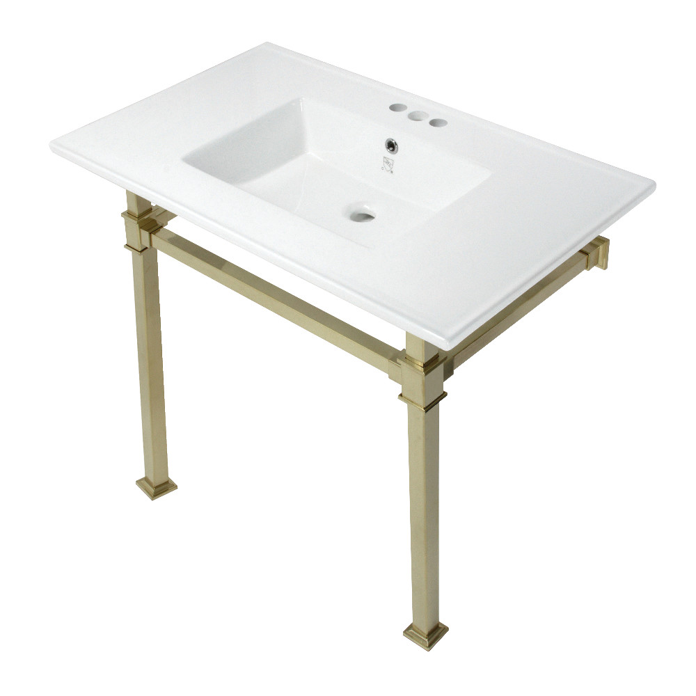 Picture of Kingston Brass KVPB37224Q7 37 in. Monarch Console Sink with Stainless Steel Legs - 4 in. 3 Hole, White & Brushed Brass