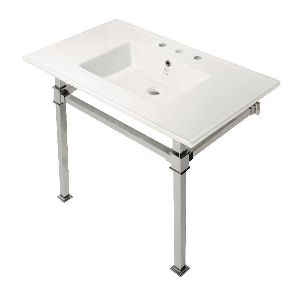 Picture of Kingston Brass KVPB37228Q6 37 in. Monarch Console Sink with Stainless Steel Legs - 8 in. 3 Hole, White & Polished Nickel