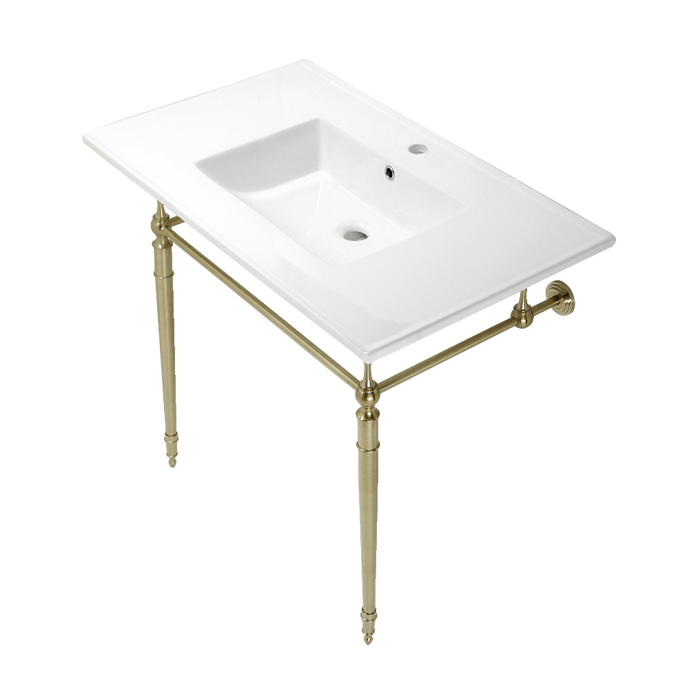 Picture of Kingston Brass KVPB372271BB 37 in. Edwardian Console Sink with Brass Legs - Single Faucet Hole, White & Brushed Brass