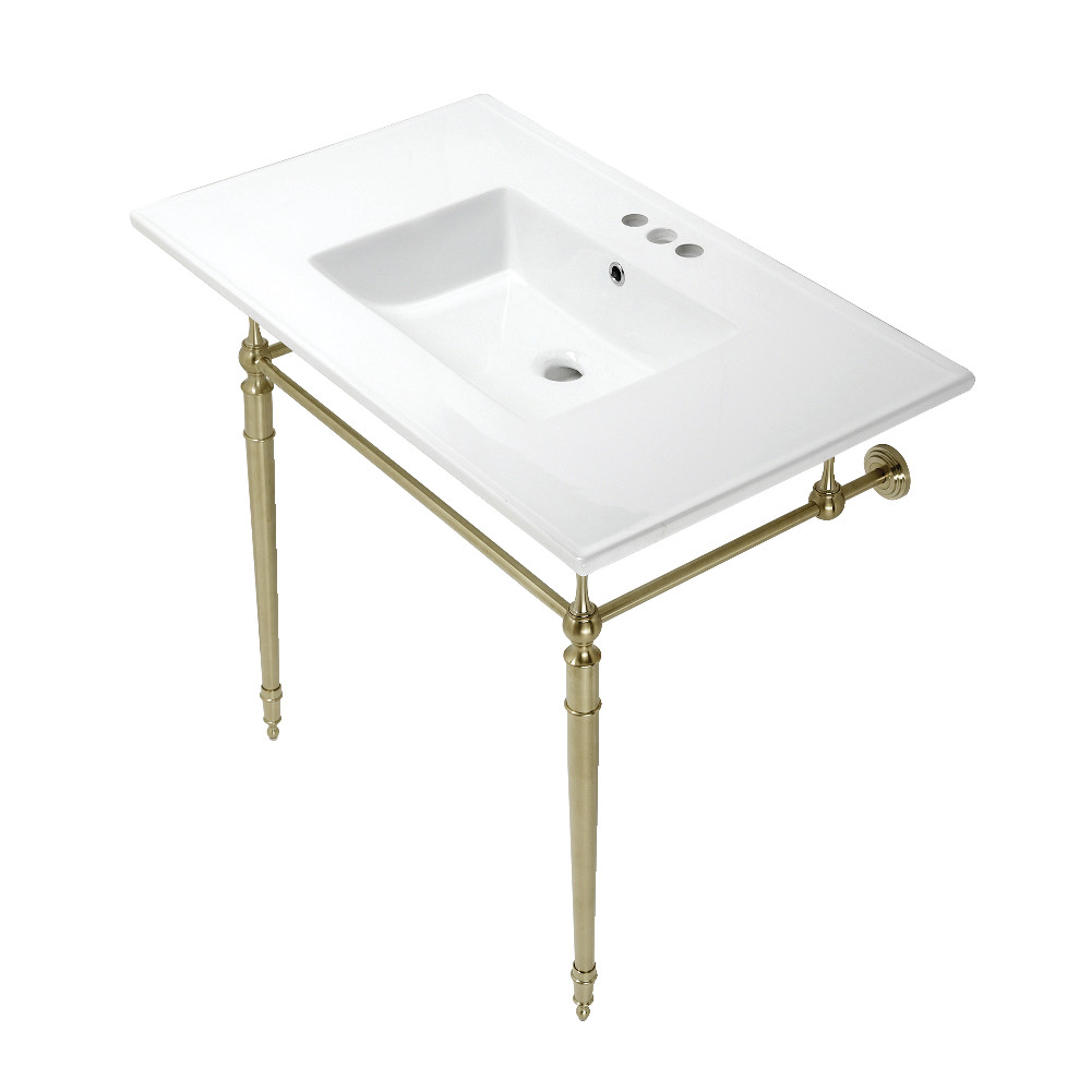 Picture of Kingston Brass KVPB37227W4BB 37 in. Edwardian Console Sink with Brass Legs - 4 in. 3 Hole, White & Brushed Brass