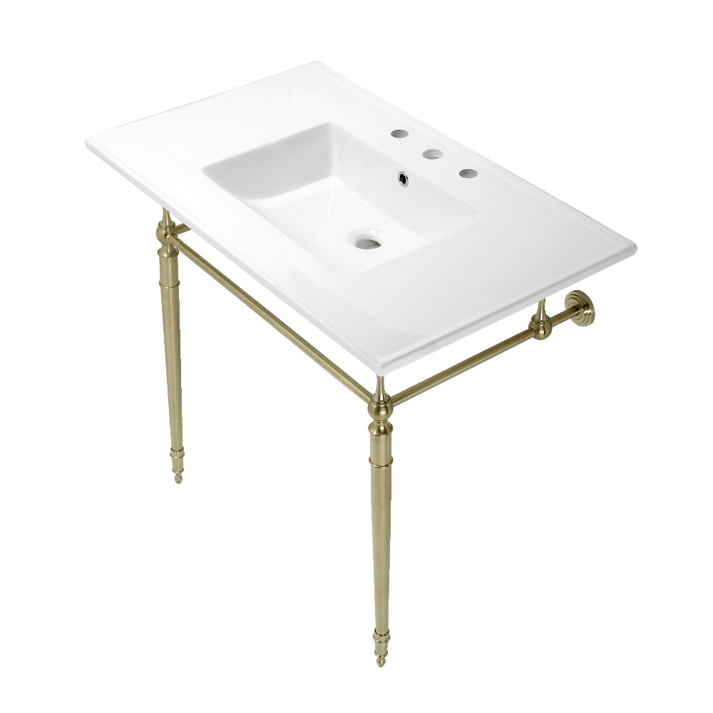 Picture of Kingston Brass KVPB37227W8BB 37 in. Edwardian Console Sink with Brass Legs - 8 in. 3 Hole, White & Brushed Brass