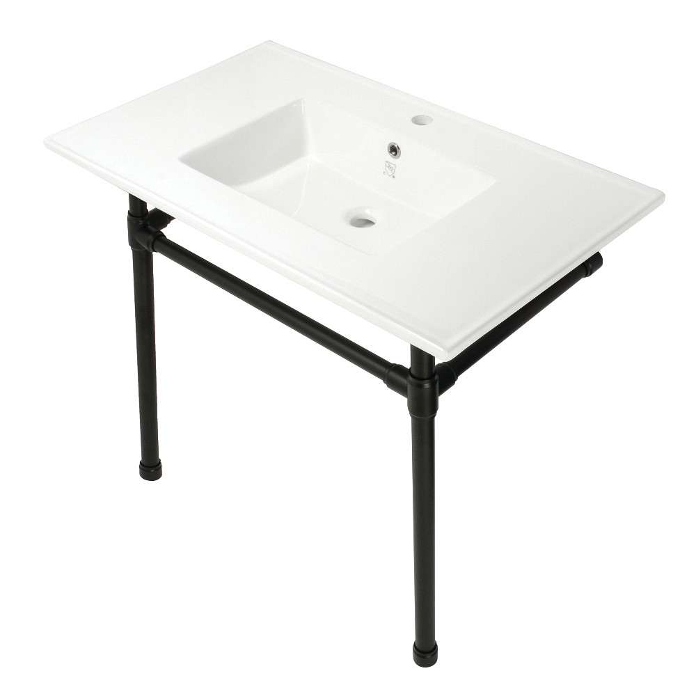 Picture of Kingston Brass KVPB3722710 37 in. Dreyfuss Console Sink with Stainless Steel Legs - Single Faucet Hole, White & Matte Black